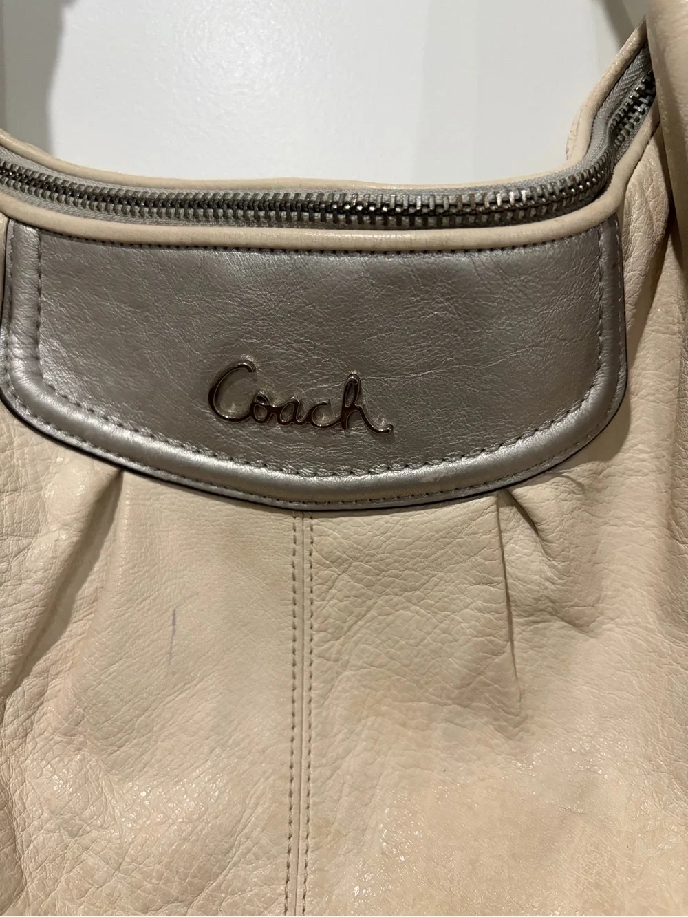 Coach Ashley Cream Leather Hobo with Metallic Trim and Dark Handles